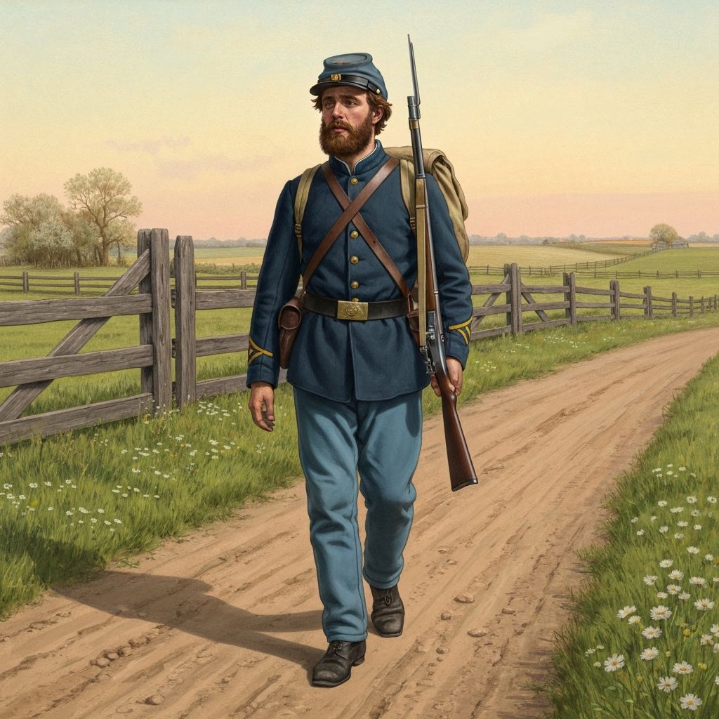 A soldier walking home through fields at sunset