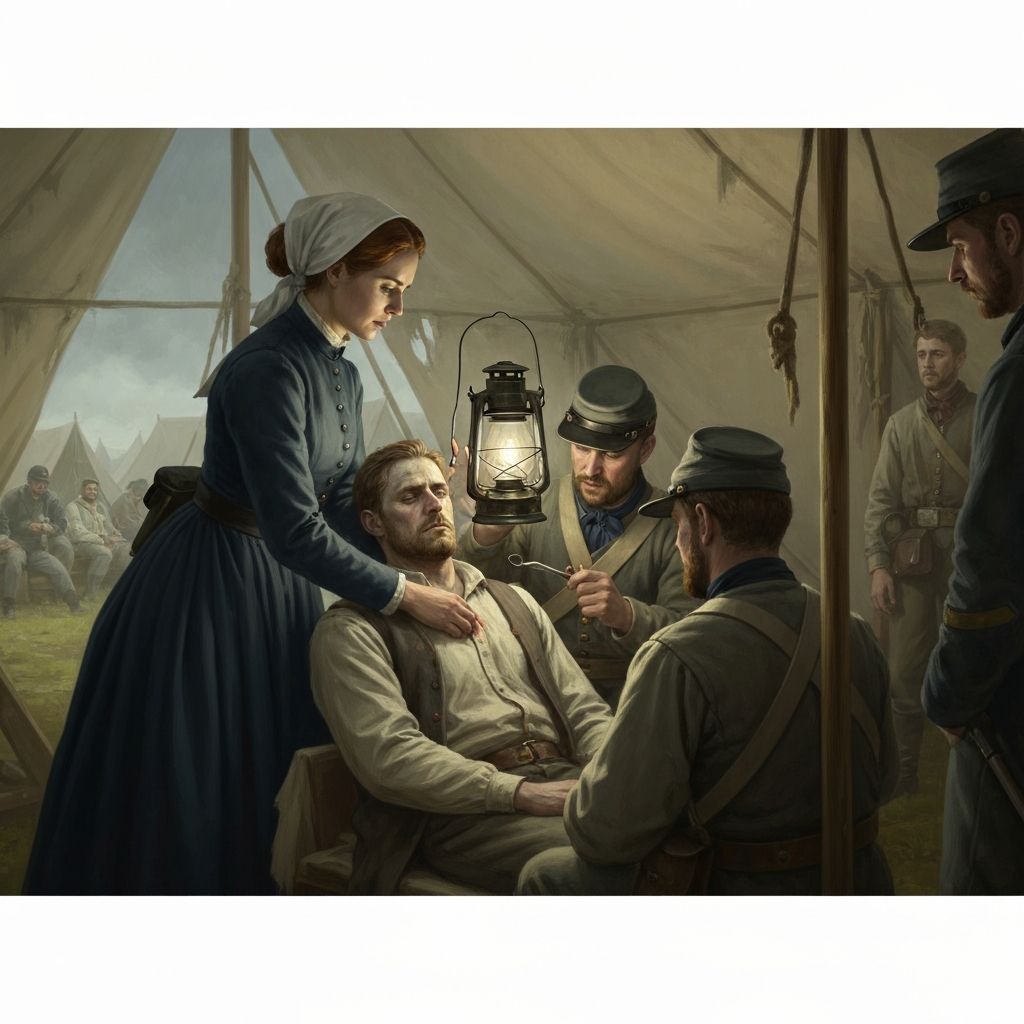 Nurses tending to wounded soldiers in a field hospital