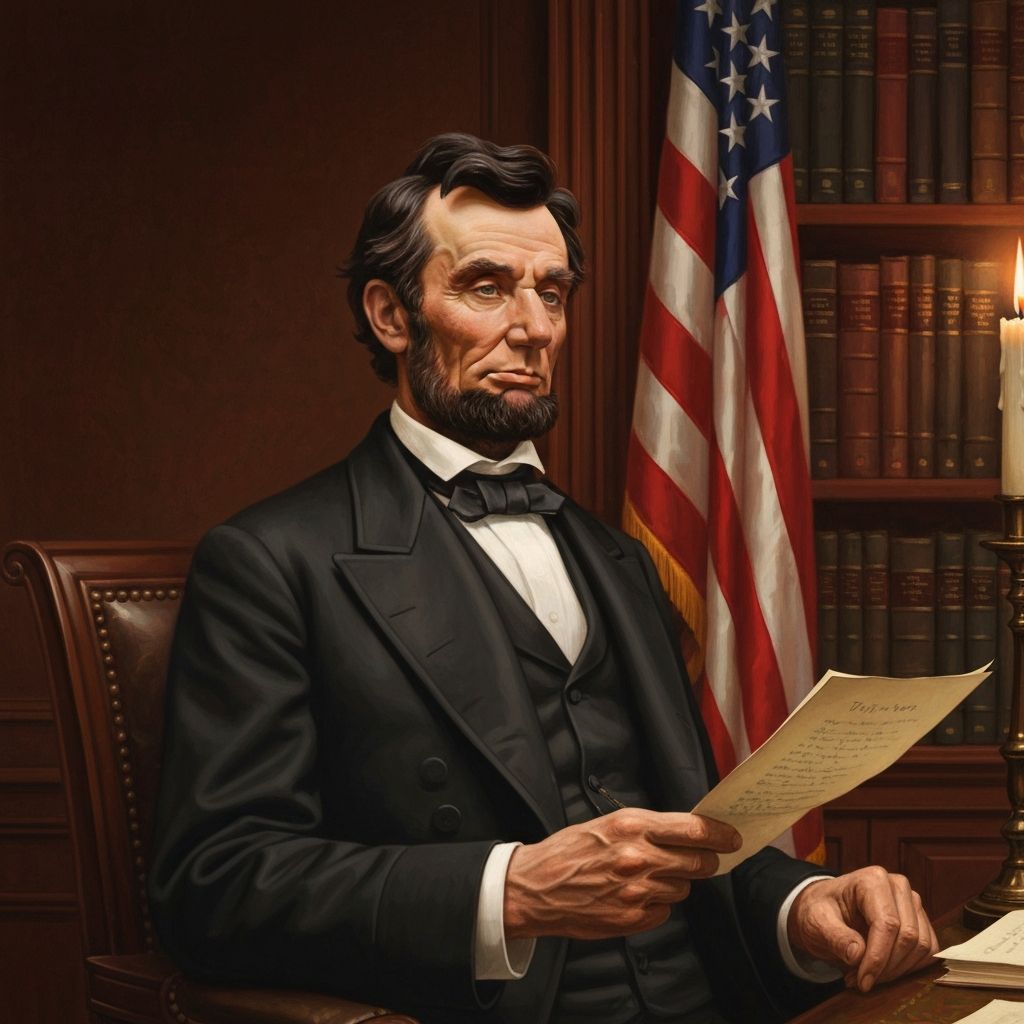 President Abraham Lincoln reading documents by candlelight