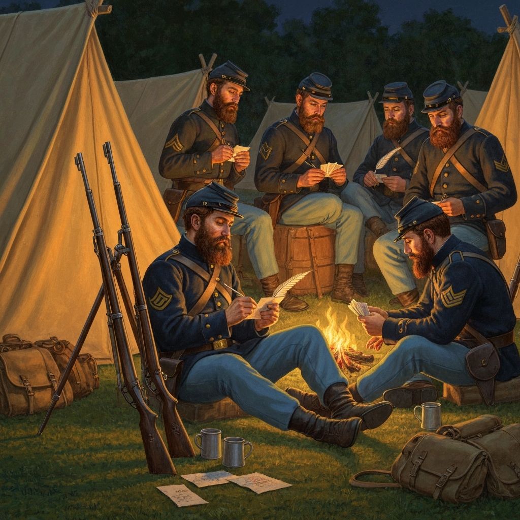 Union soldiers gathered around a campfire at night